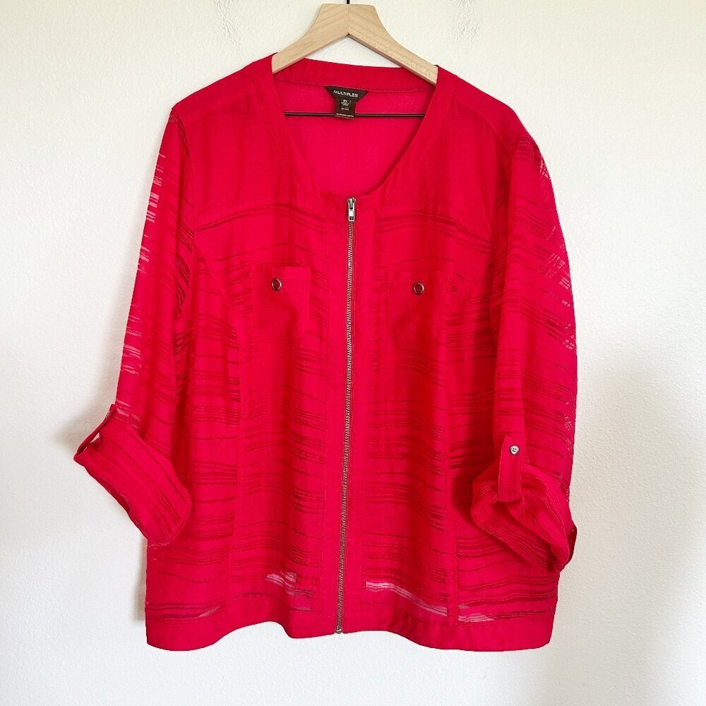 Multiples Jacket 2X Red Full Zip Burnout Stripe Convertible Sleeves